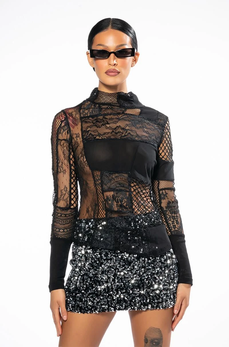 TRUST ISSUES LONG SLEEVE MOCK NECK PATCHWORK TOP - Image 3