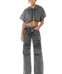 TURN IT UP STUD EMBELLISHED UTILITY JEANS -AKIRA pant-shop turn it up stud embellished utility jeans grey 3 3