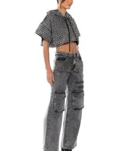 TURN IT UP STUD EMBELLISHED UTILITY JEANS -AKIRA pant-shop turn it up stud embellished utility jeans grey 4 4
