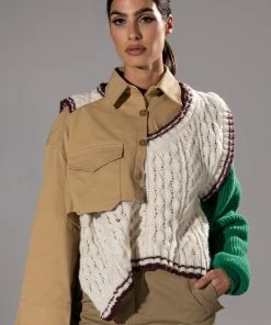 UNDECIDED MIXED MATERIAL BUTTON DOWN TOP