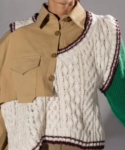 UNDECIDED MIXED MATERIAL BUTTON DOWN TOP -AKIRA pant-shop undecided mixed material button down top beige multi 7 7