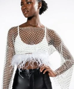 WANT MORE RHINESTONE MESH CROP TOP WITH FEATHER TRIM