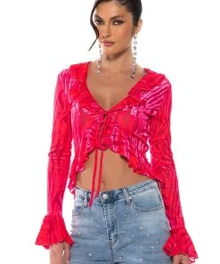 WE LIKE TO PARTY RUFFLED COLLAR TIE FRONT BLOUSE