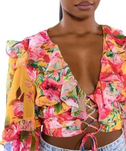 WILDFLOWER LONG SLEEVE RUFFLE BLOUSE 13 WILDFLOWER LONG SLEEVE RUFFLE BLOUSE -AKIRA pant-shop wildflower long sleeve ruffle blouse yellow multi 6 6