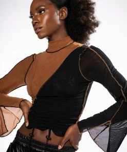 YIN AND YANG LONG SLEEVE MESH TURTLENECK TOP