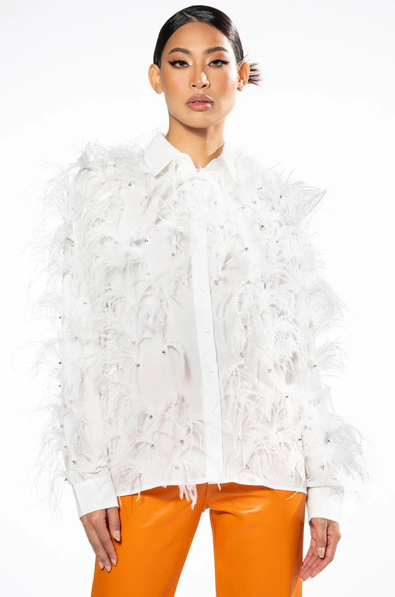 ZSA ZSA ALL OVER FEATHER BUTTON DOWN BLOUSE
